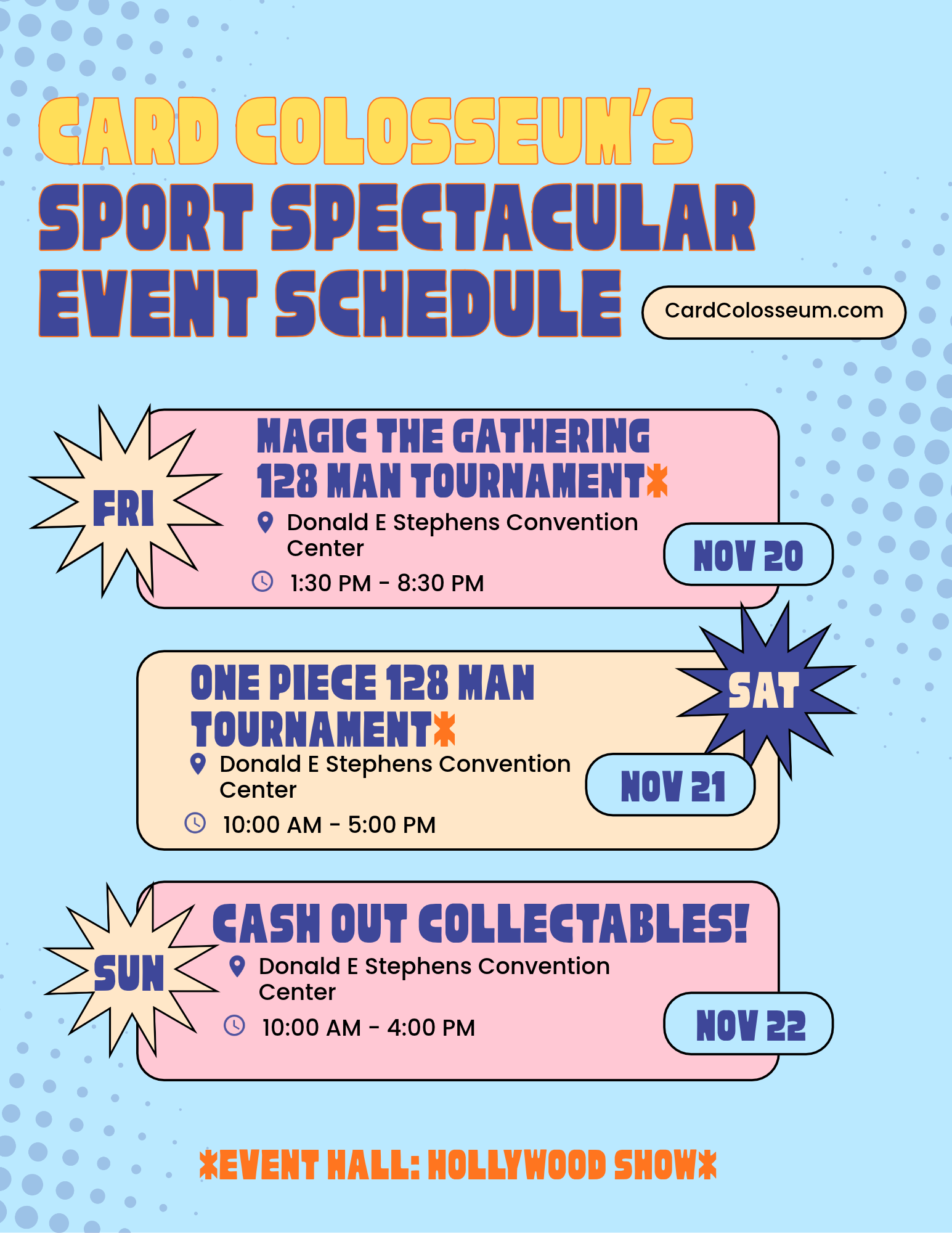 Card Colosseum's Sport Spectacular event schedule flyer